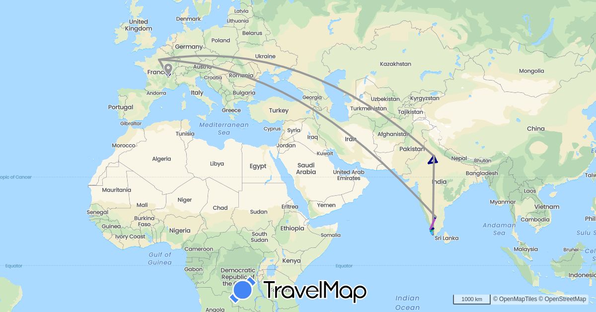TravelMap itinerary: driving, bus, plane, train, boat in France, India (Asia, Europe)